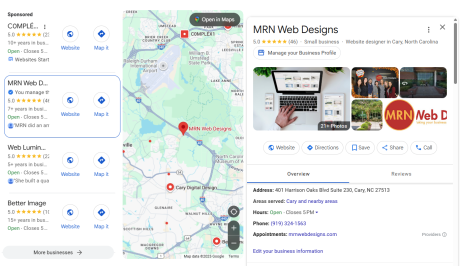 Screenshot of the Google Map Pack results for "Website designer in Cary" and MRN Web Designs is right below sponsored add